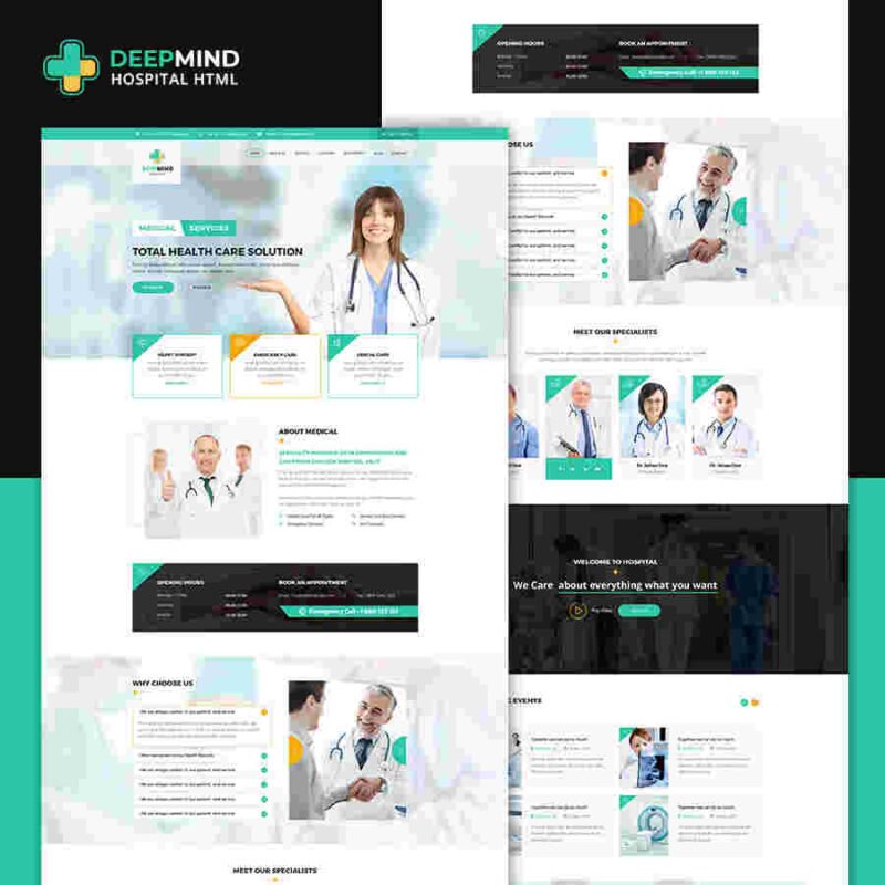 DeepMind Coronavirus Hospital and Heath HTML Template v2.0 offering pandemic-specific tools, SEO optimization, and appointment booking features