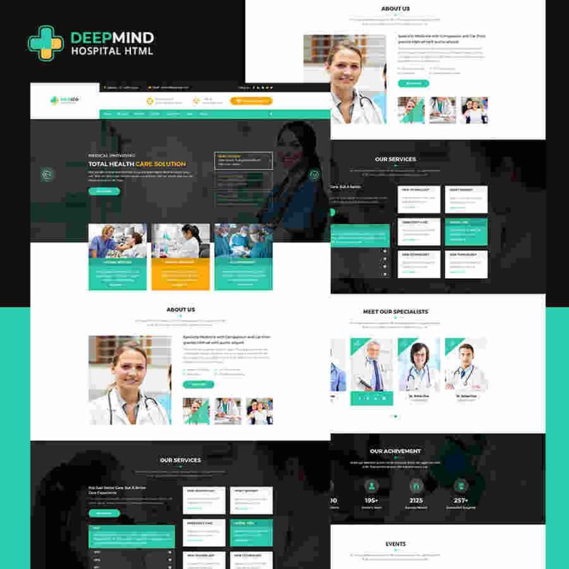 DeepMind Coronavirus Hospital and Heath HTML Template v2.0 offering pandemic-specific tools, SEO optimization, and appointment booking features