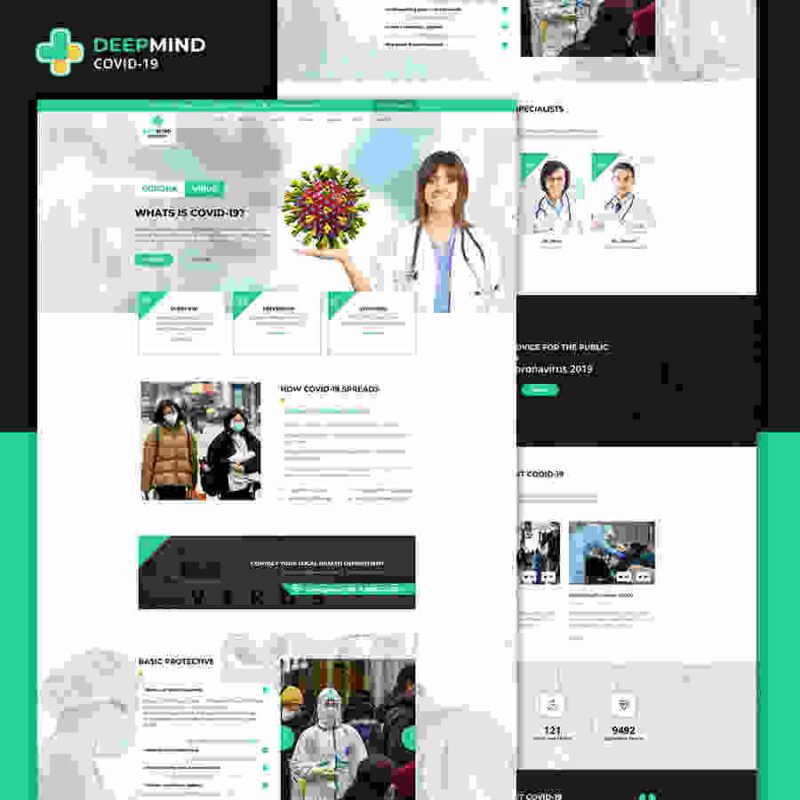 DeepMind Coronavirus Hospital and Heath HTML Template v2.0 offering pandemic-specific tools, SEO optimization, and appointment booking features